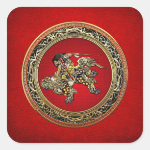 Pegatina Cuadrada [500] Hokusai - Shoki Riding Shishi Lion