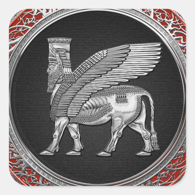 Pegatina Cuadrada [500] Toro alado asirio - Plata Lamassu (Anverso)
