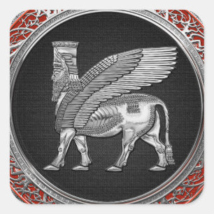 Pegatina Cuadrada [500] Toro alado asirio - Plata Lamassu