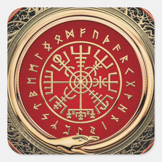 Pegatina Cuadrada [500] Vegvisir - Viking Gold Magic Runic Compass (Anverso)