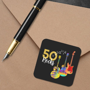 Pegatina Cuadrada 50.ª fiesta de cumpleaños 50 rocas Guitarra