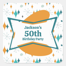 Pegatina Cuadrada 50.ª Fiesta de Cumpleaños Retro Mid Century Cualqu