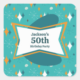 Pegatina Cuadrada 50.ª Fiesta de Cumpleaños Retro Mid Century Cualqu