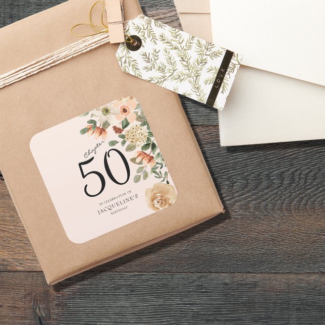 Pegatina Cuadrada 50.ª Vintage Floral (50th Birthday Vintage Floral Square Sticker
)