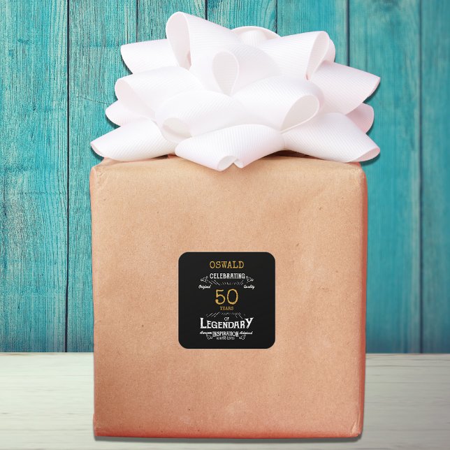 Pegatina Cuadrada 50.º cumpleaños Black Gold Legendario Retro (50th Birthday Black Gold Legendary Retro Square Sticker)