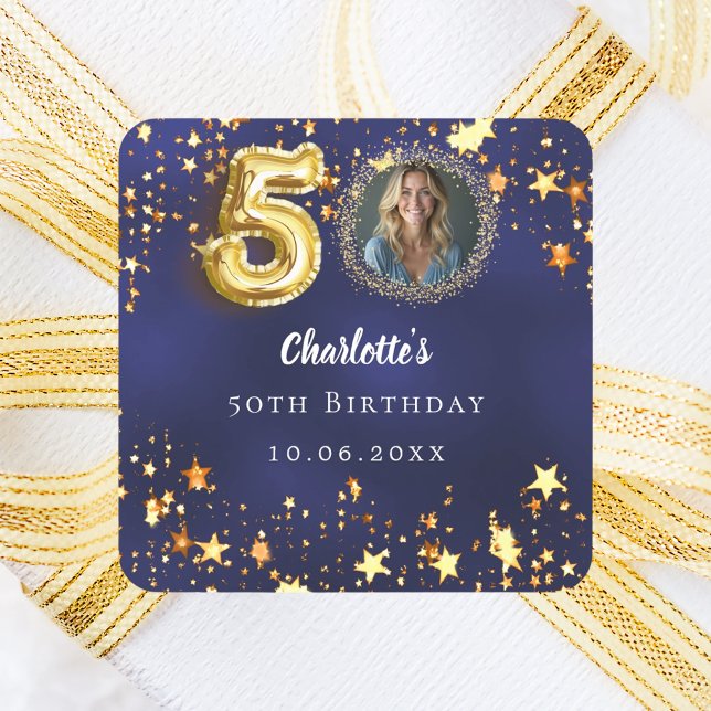 Pegatina Cuadrada 50.º cumpleaños estrellas de oro azul marino (Subido por el creador)