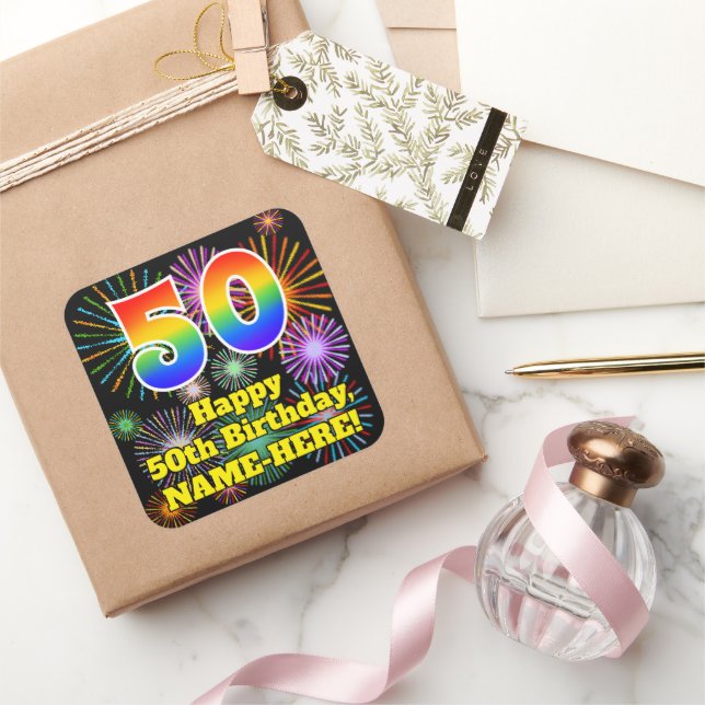 Pegatina Cuadrada 50.º cumpleaños: Fuegos artificiales divertidos, a (Regalar)