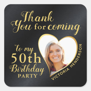 Pegatina Cuadrada 50.º cumpleaños Glam negro y oro gracias