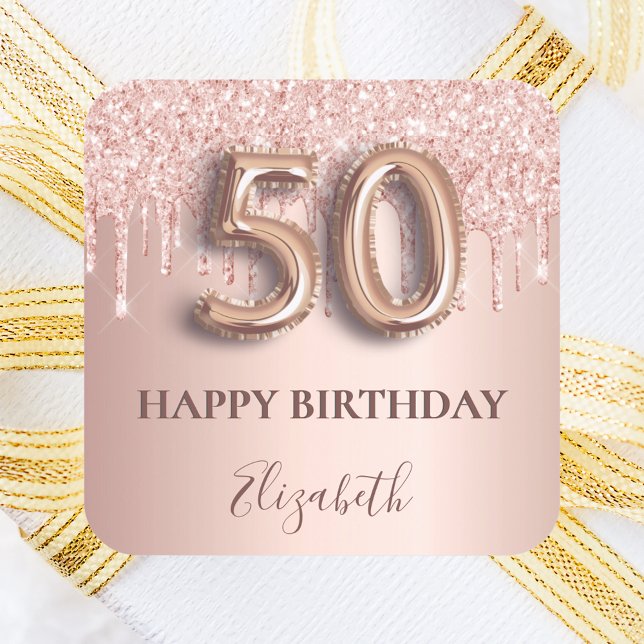 Pegatina Cuadrada 50.º cumpleaños goteo de oro rosa rosa (Subido por el creador)