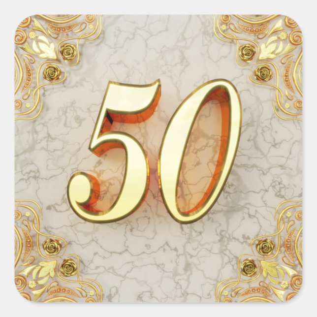 Pegatina Cuadrada 50.º cumpleaños o aniversario del oro y mármol reg (Anverso)