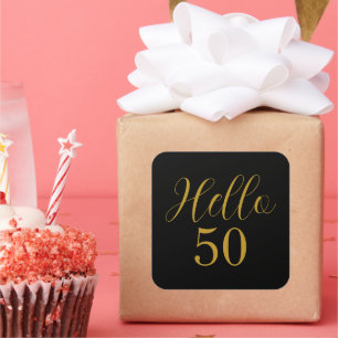 Pegatina Cuadrada 50.º cumpleaños Oro Negro Elegante