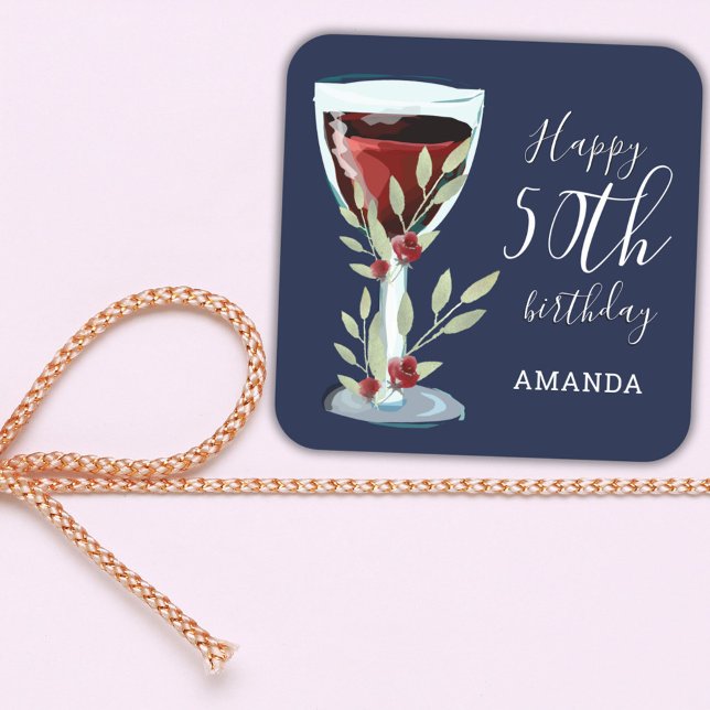 Pegatina Cuadrada 50.º cumpleaños Rosa de vino rojo acuarela Marina  (Subido por el creador)