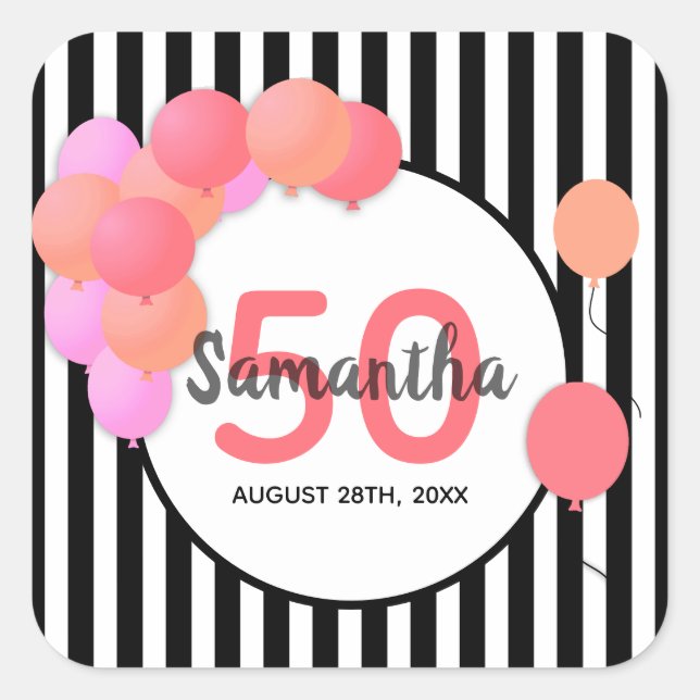 Pegatina Cuadrada 50.º globo de cumpleaños rayas blancas negras (Anverso)
