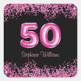 Pegatina Cuadrada 50.º natalicio Globos rosados calientes | Purpurin