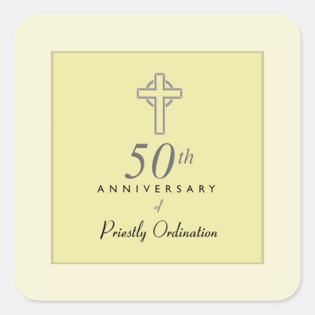 Pegatina Cuadrada 50° aniversario del sacerdote con cruz Grabado en  (Anverso)