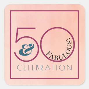 Pegatina Cuadrada 50 y fabulosa tipografía rosa fiesta de cumpleaños