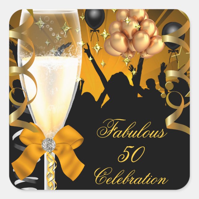 Pegatina Cuadrada 50 y fabuloso Black Birthday Champagne (Anverso)