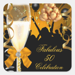 Pegatina Cuadrada 50 y fabuloso champán de cumpleaños negro dorado