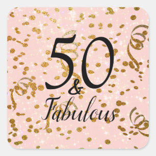 Pegatina Cuadrada 50 y fabuloso Confetti de oro rosado de la fiesta