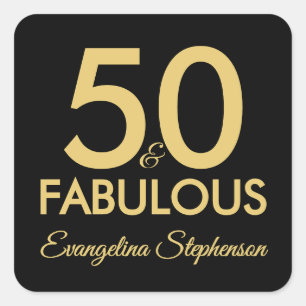 Pegatina Cuadrada 50 y fabuloso Cumpleaños 50 Moderno Negro Dorado