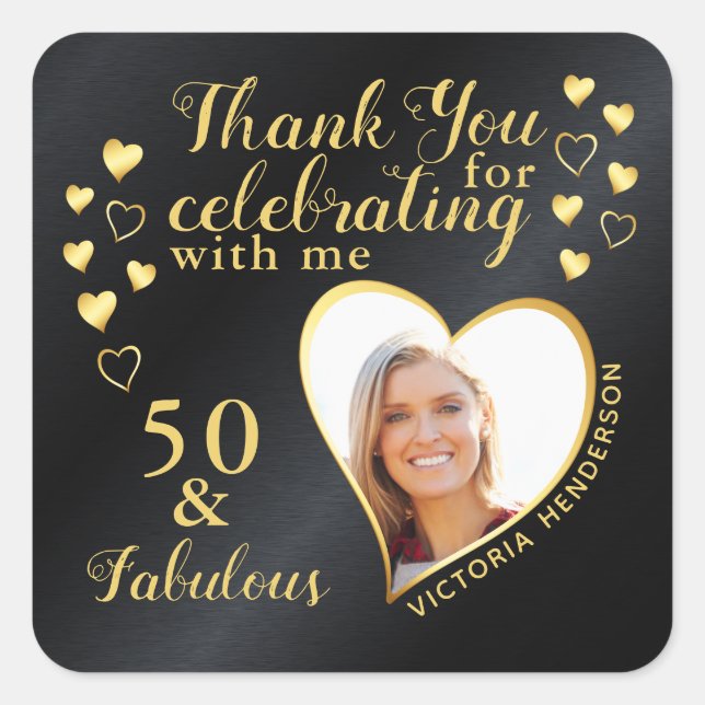 Pegatina Cuadrada 50 y fabuloso cumpleaños Black and Gold Gracias (Anverso)