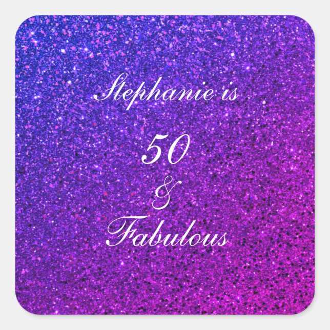 Pegatina Cuadrada 50 Y Fabuloso Cumpleaños Ombre Purpurina Púrpura R (Anverso)