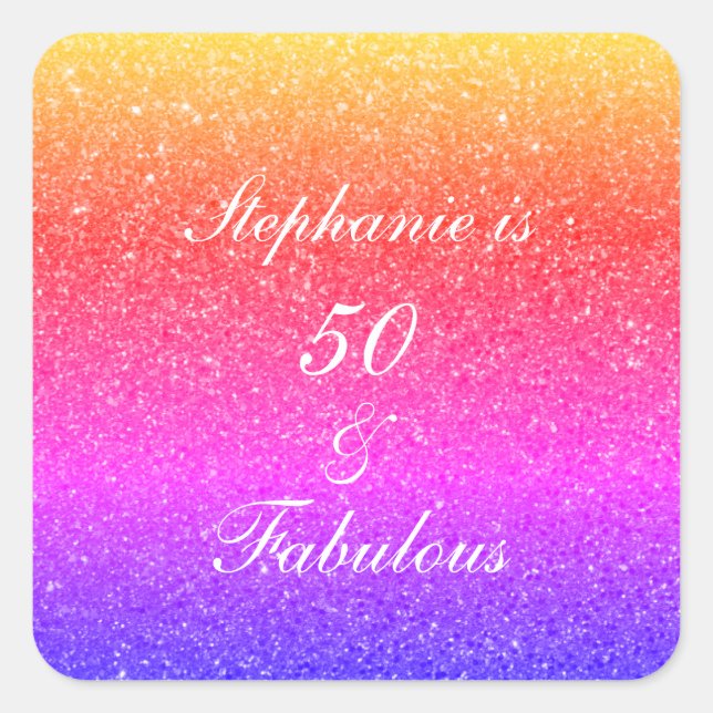 Pegatina Cuadrada 50 Y Fabuloso Cumpleaños Purpurina Púrpura Rosa Bl (Anverso)
