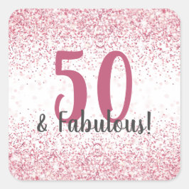 Pegatina Cuadrada 50 y fabuloso Purpurina rosado Confetti Cumpleaños
