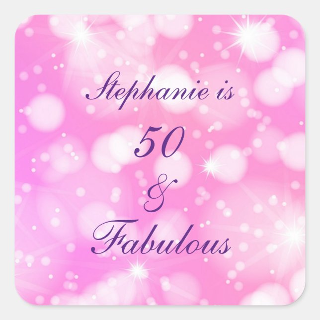 Pegatina Cuadrada 50 Y Fabuloso Purpurinoso Púrpura Rosa De Cumpleañ (Anverso)