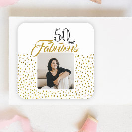 Pegatina Cuadrada 50 y Fabulous Gold Purpurina Photo 50th Birthday