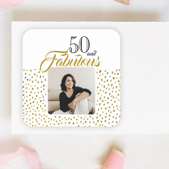 Pegatina Cuadrada 50 y Fabulous Gold Purpurina Photo 50th Birthday (Subido por el creador)