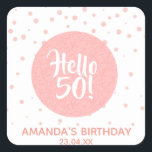 Pegatina Cuadrada 50th birthday rose gold confetti white hello 50<br><div class="desc">An elegant and glamorous sticker for a 50th birthday party. A chic white  background.  A large rose gold,  champagne colored faux glitter circle with modern hand lettered style text: Hello 50! Rose gold colored confetti glitter as decoration.  Templates for a name and a date.  Golden colored letters.</div>