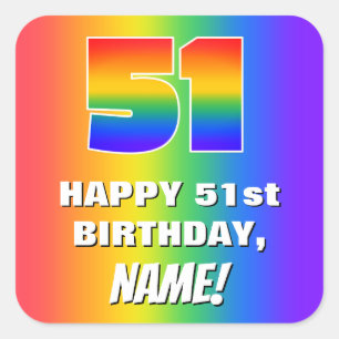 Pegatina Cuadrada 51° cumpleaños: Patrón arcoiris colorido y dive