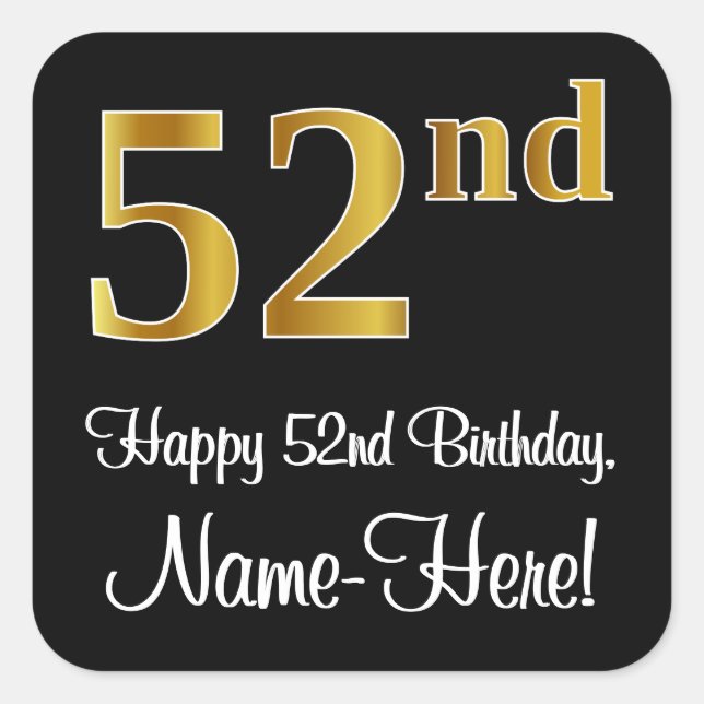 Pegatina Cuadrada 52º cumpleaños - Elegante lujoso Faux Gold Look # (Anverso)