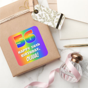 Pegatina Cuadrada 56.º cumpleaños: Patrón arcoiris colorido y divert