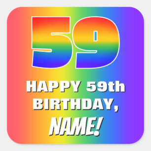Pegatina Cuadrada 59.º cumpleaños: Patrón arcoiris colorido y div