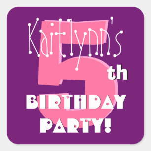 Pegatina Cuadrada 5.º Birthday Custom Name Pink and Purple