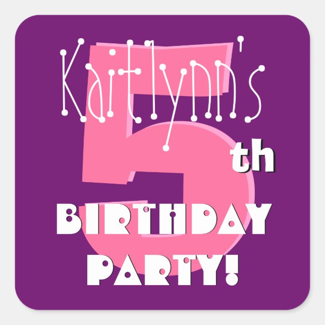 Pegatina Cuadrada 5.º Birthday Custom Name Pink and Purple (Anverso)