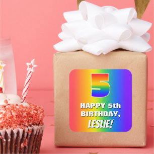 Pegatina Cuadrada 5.º cumpleaños: Colorido, divertido patrón arcoiri