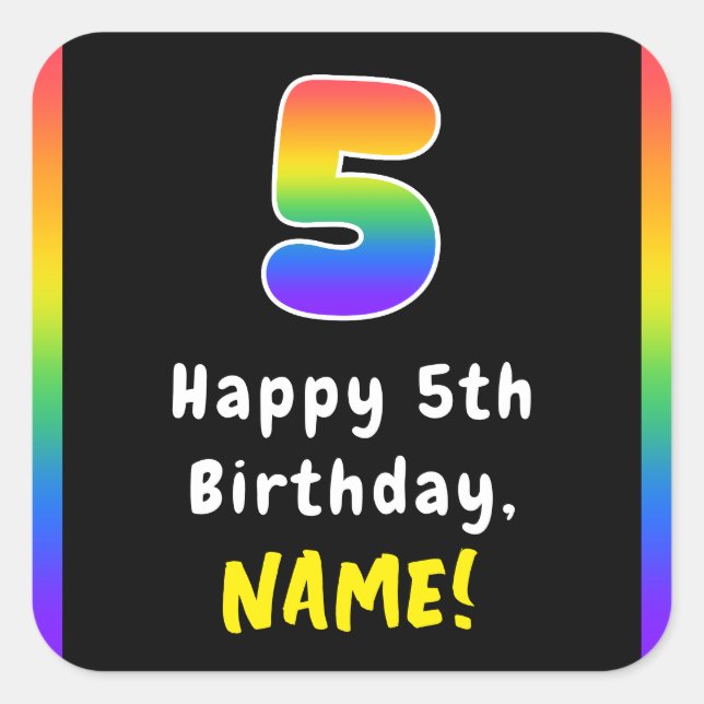 Pegatina Cuadrada 5.º cumpleaños: Espectro arcoiris # 5, nombre pers (Anverso)