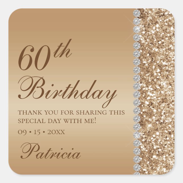 Pegatina Cuadrada 60º Cumpleaños Elegante Dorado (Anverso)