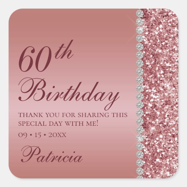 Pegatina Cuadrada 60º Cumpleaños Elegante Rosa Dorado (Anverso)