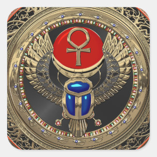 Pegatina Cuadrada [600] Scarab alado egipcio de oro sagrado con ankh
