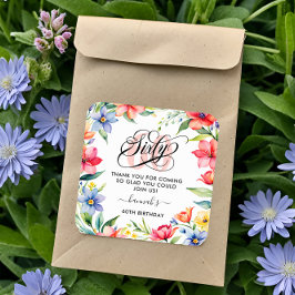 Pegatina Cuadrada 60.ª fiesta de cumpleaños Floral acuarela