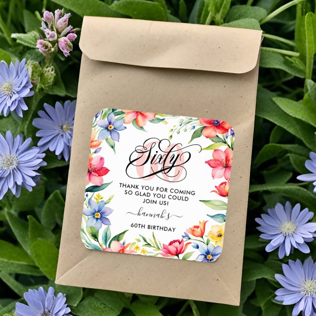 Pegatina Cuadrada 60.ª fiesta de cumpleaños Floral acuarela (Subido por el creador)