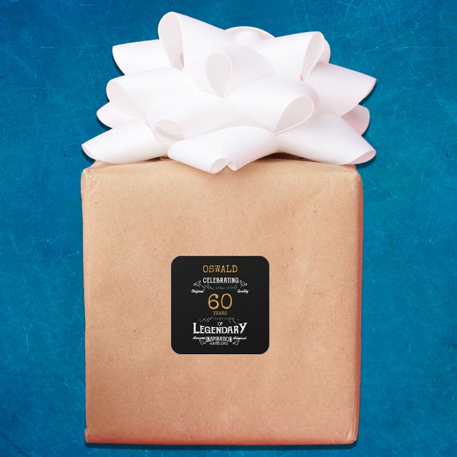 Pegatina Cuadrada 60.º cumpleaños Black Gold Legendary Retro (60th Birthday Black Gold Legendary Retro Square Sticker)