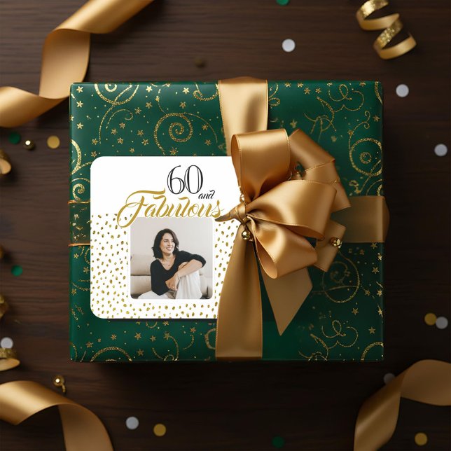 Pegatina Cuadrada 60 and Fabulous Gold Glitter Photo 60th Birthday (Subido por el creador)