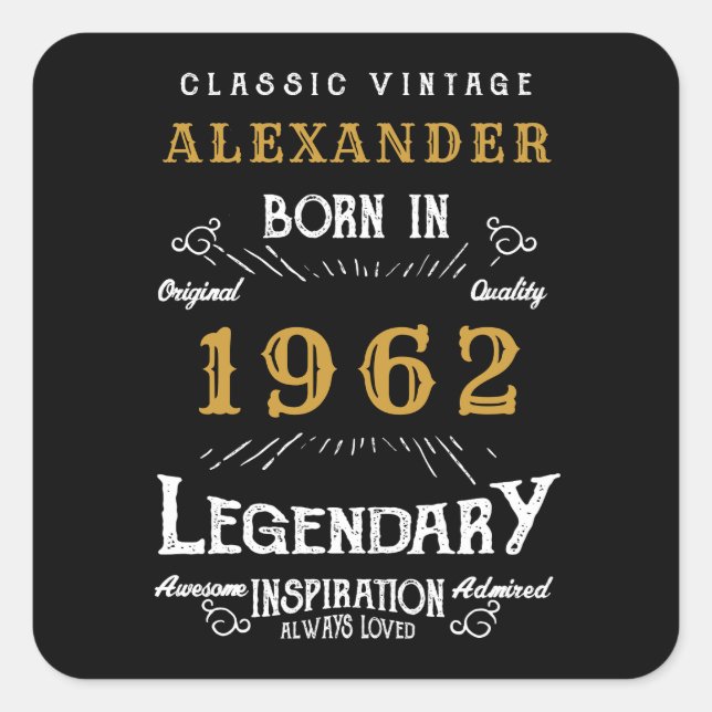Pegatina Cuadrada 60 cumpleaños 1962 Añadir nombre oro negro legenda (Anverso)