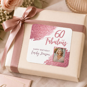 Pegatina Cuadrada 60 y Fabuloso Brillo Rosa Foto 60 Cumpleaños