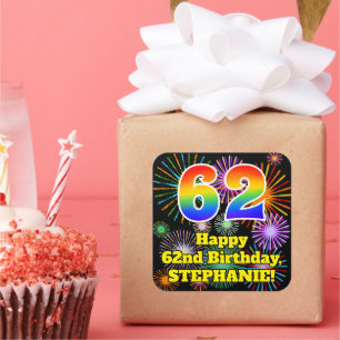 Pegatina Cuadrada 62º cumpleaños: aspecto de los fuegos artificiales